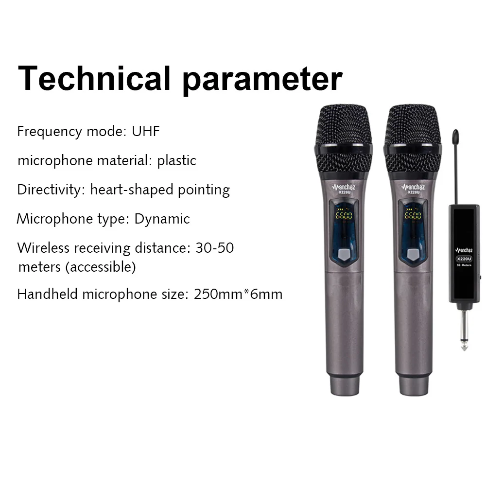 X220U UHF Wireless Microphone Recording Karaoke Handheld 2 Channel Lithium Battery 50m Receiving Distance