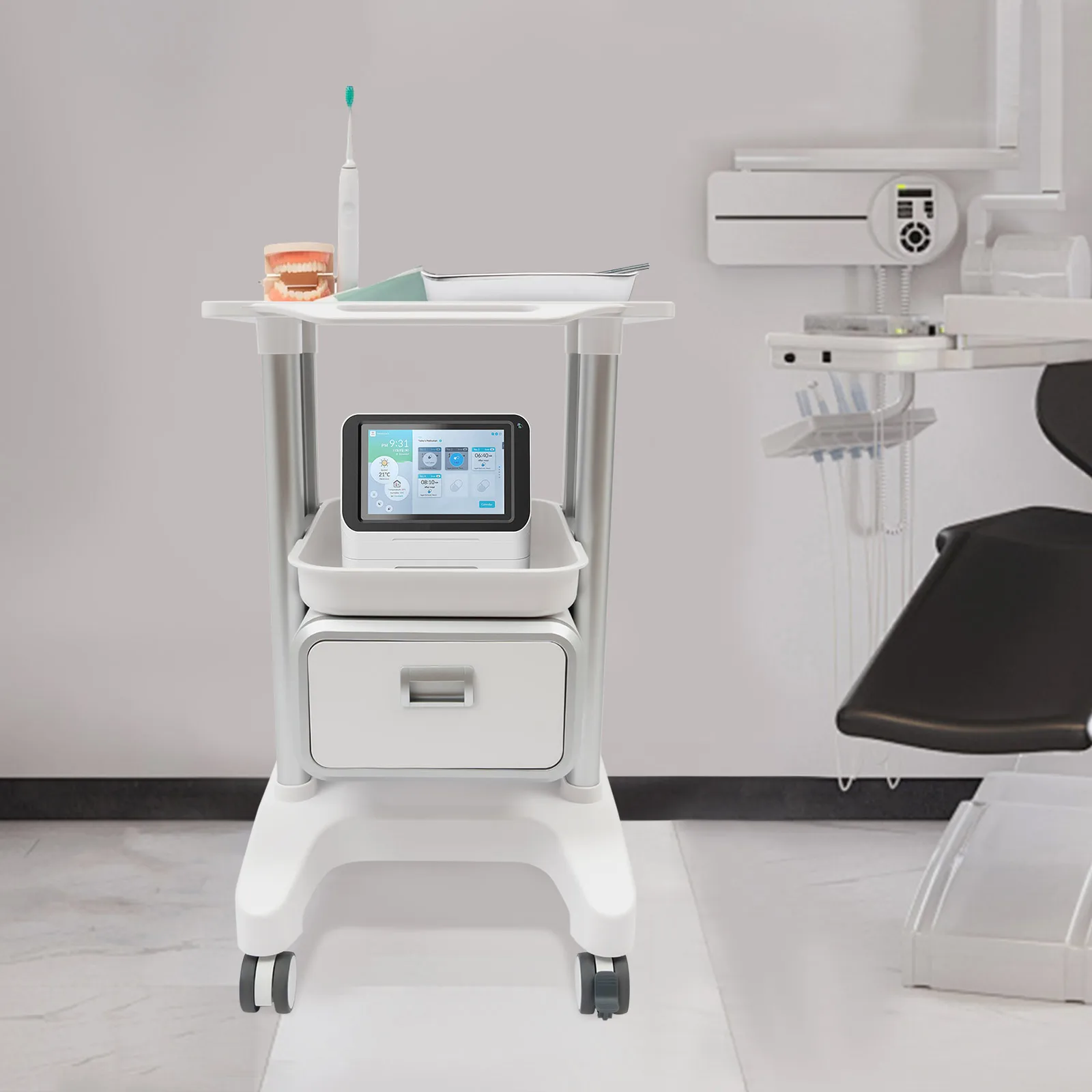 Rolling Tool Trolley ABS, Multi-Purpose 1 Drawer 2 Shelf, 100kg/220lbs, 76cm Height, Silent Wheels, Freestanding, Space-Saving Design for Hospital Beauty Salon Dental Lab Home