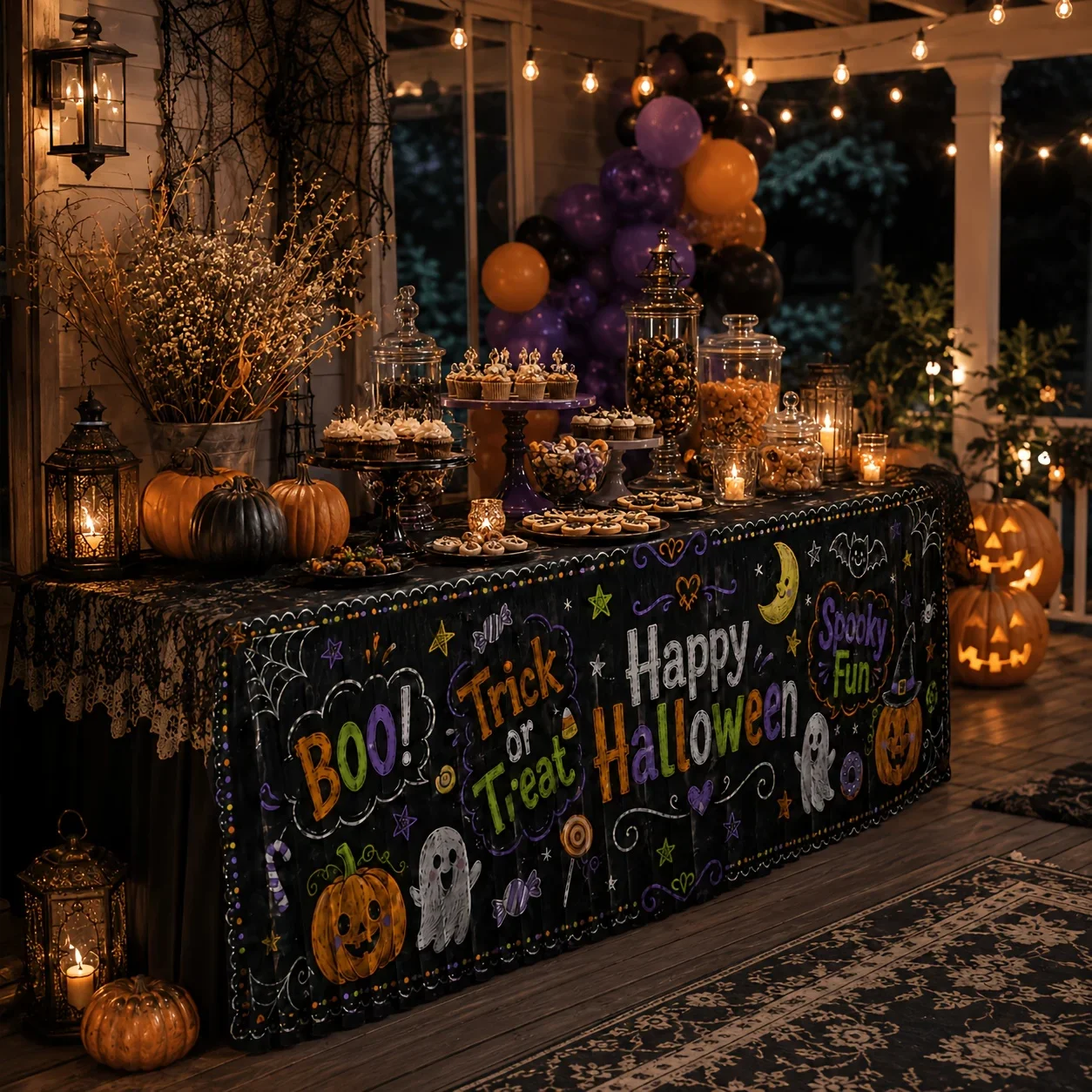Happy Halloween! Blackboard Ghost Pumpkin Candy Print Polyester Tablecloth, suitable for horror partiesxzj