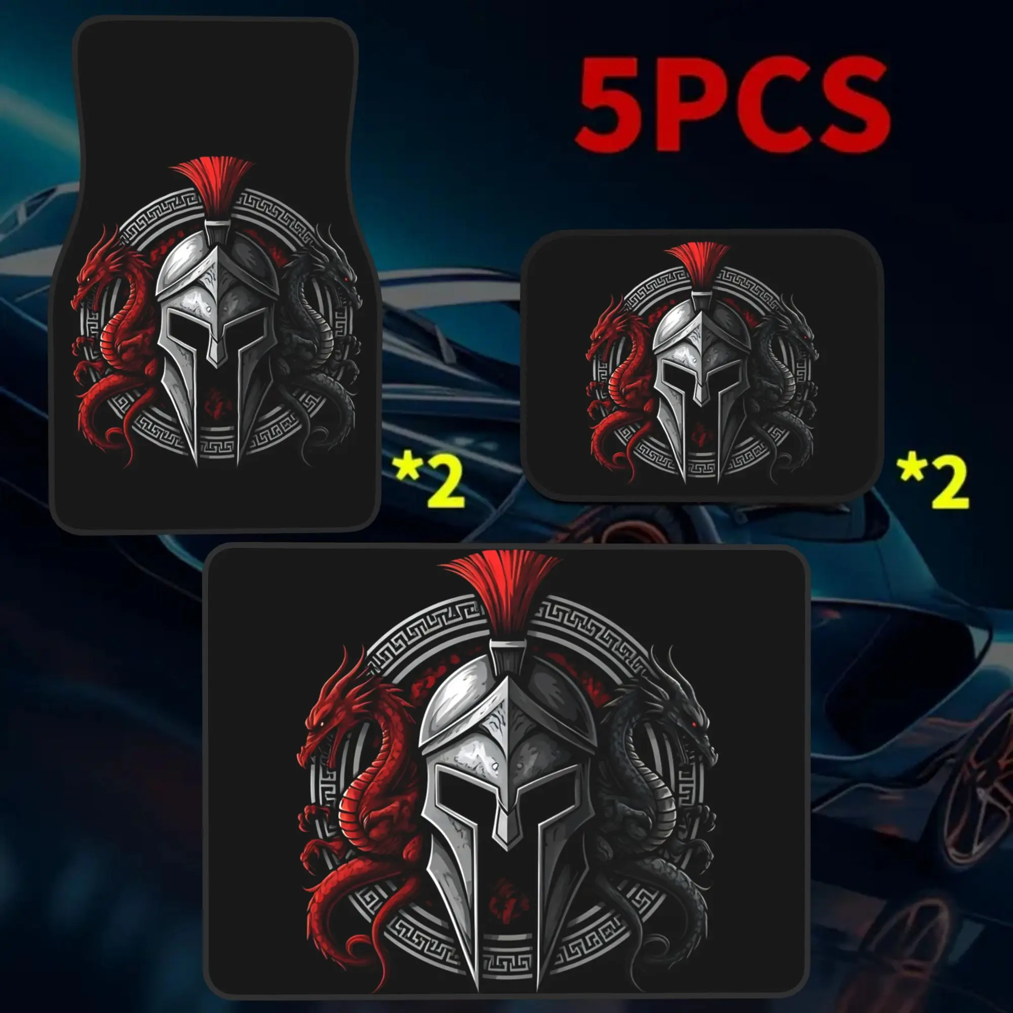 5pcs Spartan Helmet & Dragon Emblem Universal Car Floor Mat Set | Includes Trunk Mat (4 Floor Mats + 1 Trunk Mat). Stylish Inter