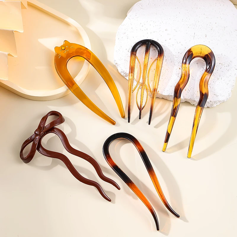 U-Shaped Hair Fork Fashion Tortoiseshell Acetate Acrylic Hairpin Geometric Headwear Hair Sticks Women Girls Hair Accessories 썸네일 6