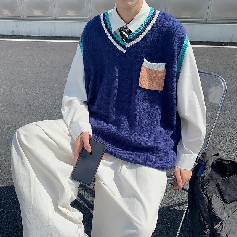 

Men's Casual Loose Fit Knitted V Neck Vest Couple Color Blocked Preppy Style Uniform Stylish Versatile Autumn Winter