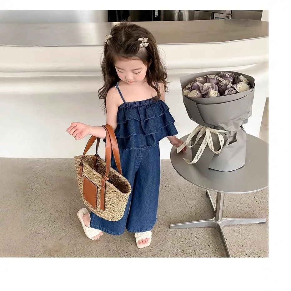 Girls Denim Set Summer 2025 New Baby Girls Summer Fashion Suspender Top Wide Leg Pants Children Clothing