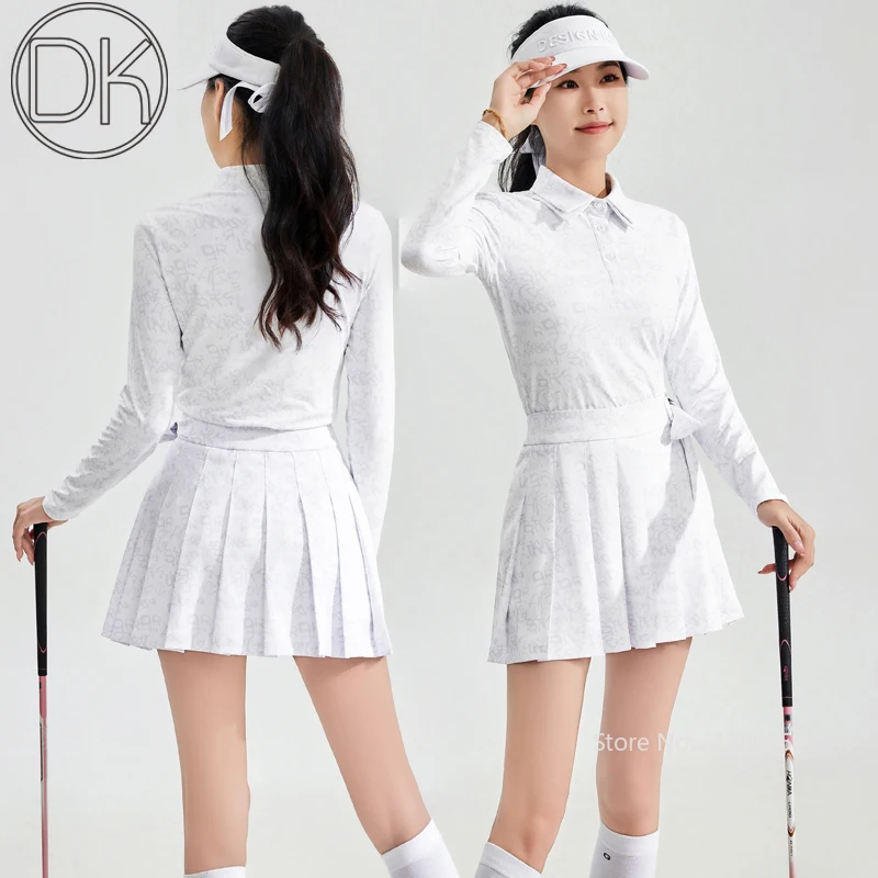 DK Spring Women Casual Sports Tops Golf Long-sleeved Polo Shirt Lapel Printed Skorts Stretch Breathable Golf Skorts Jersey