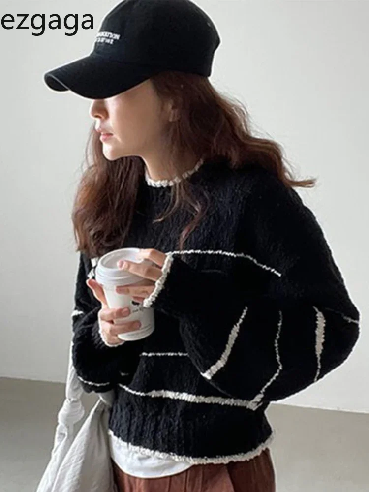 

Ezgaga Striped Sweater Women Korean Chic Autumn Winter Pullover O Neck Loose Outwear Long Sleeve Vintage Casual Female Jumper