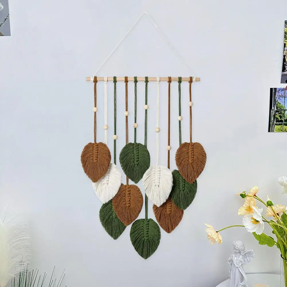 Boho Wall Hanging Pendant Bohemian Style Leaf Shape Wall Hanging Tapestry with Wooden Bead Decor Handcrafted Home Hotel for Dorm