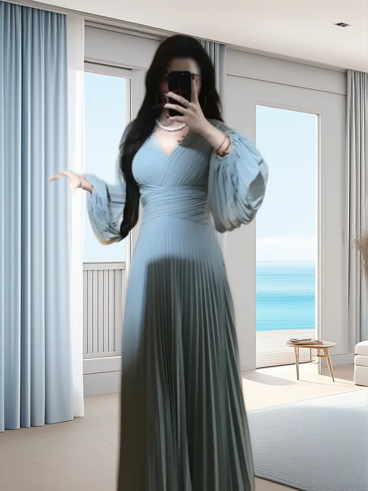 

Vintage-Inspired Elegance: Sapphire Cascade Flare Maxi Dress