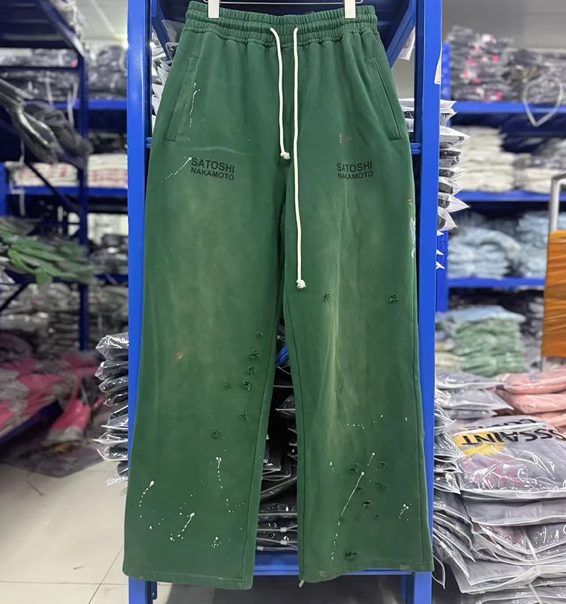 Classic Letters Print Satoshi Nakamoto Sweatpants Zipper Hoodie Men Women Vintage Washed Green Ripped Splashed Ink Sport Clothes