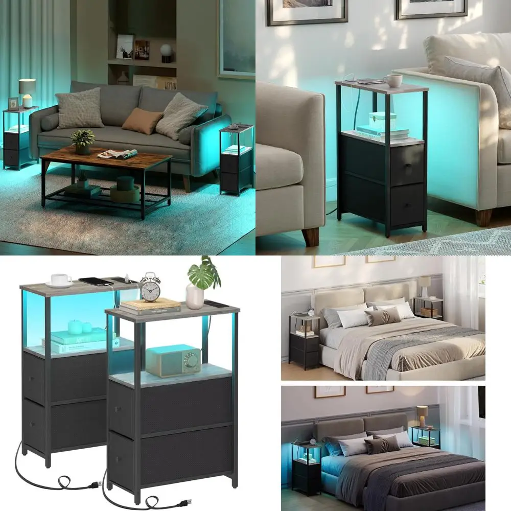 

Pair of Compact LED-lit Charging End Tables with Fabric Drawers, USB Ports, for Living Spaces and Bedrooms in Greige