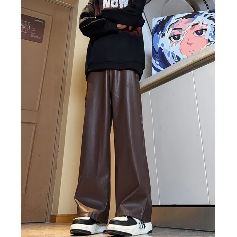 Black Leather Pants Men Casual Motorcycle Pants Men Streetwear Hip-hop Loose Wide Leg Pants Mens Brown Trousers Plus Size 5XL
