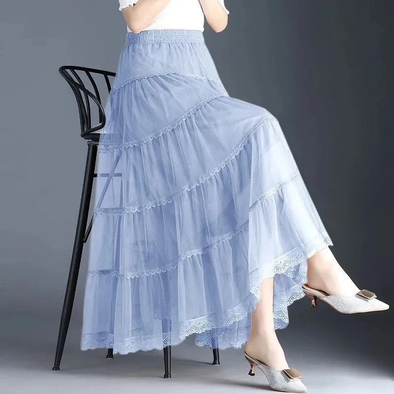 

High waisted Thin Half body Gauze Skirt For women's Clothing Spring Summer Slim Elastic waist Overlapping Cake Long A-line Skirt