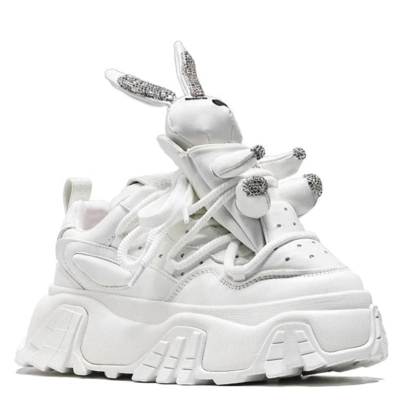 

Женские туфли-куклы с милым кроликом из натуральной кожи, индивидуальный дизайн, спортивные туфли для отдыха со сверкающими бриллиантами на толстой подошве