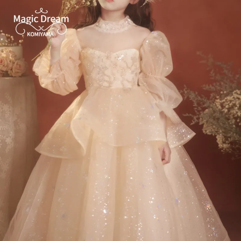 Customized O-neck Long Sleeve Elegant Design Niche Wed Flower Girls Dresses Pleated Appliqué Kids Birthday Party Vestidos Prince