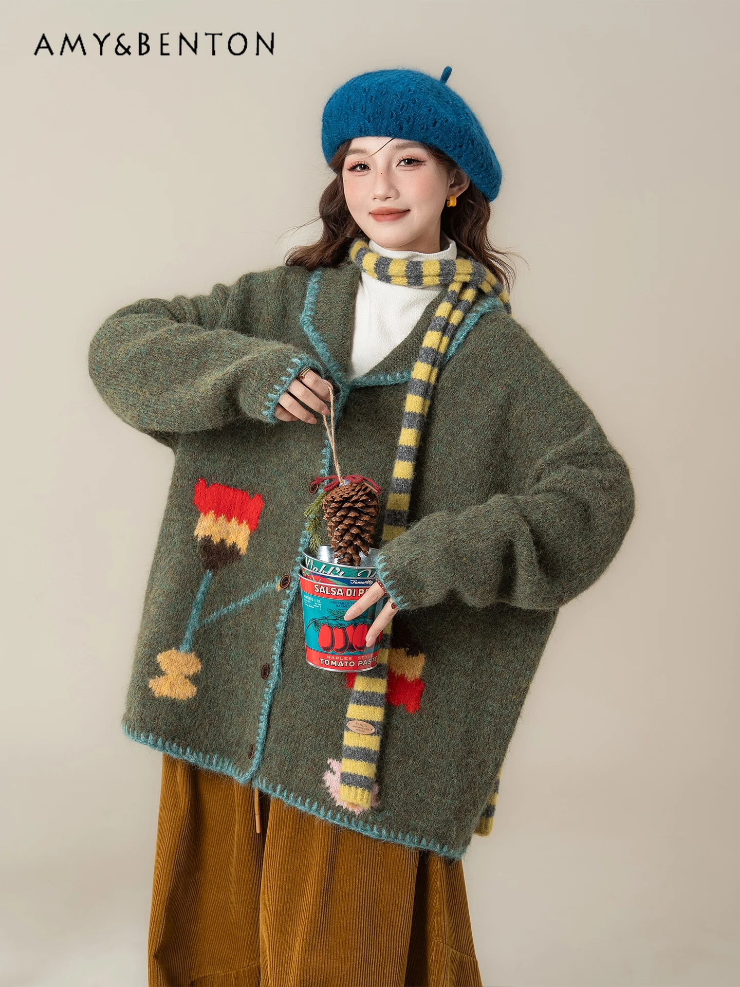 

Осень-зима 2024, новый винтажный свитер с цветочной вышивкой, зеленый, фиолетовый, синий, свитер с лацканами, кардиган, свободные повседневные черные, оранжевые длинные брюки