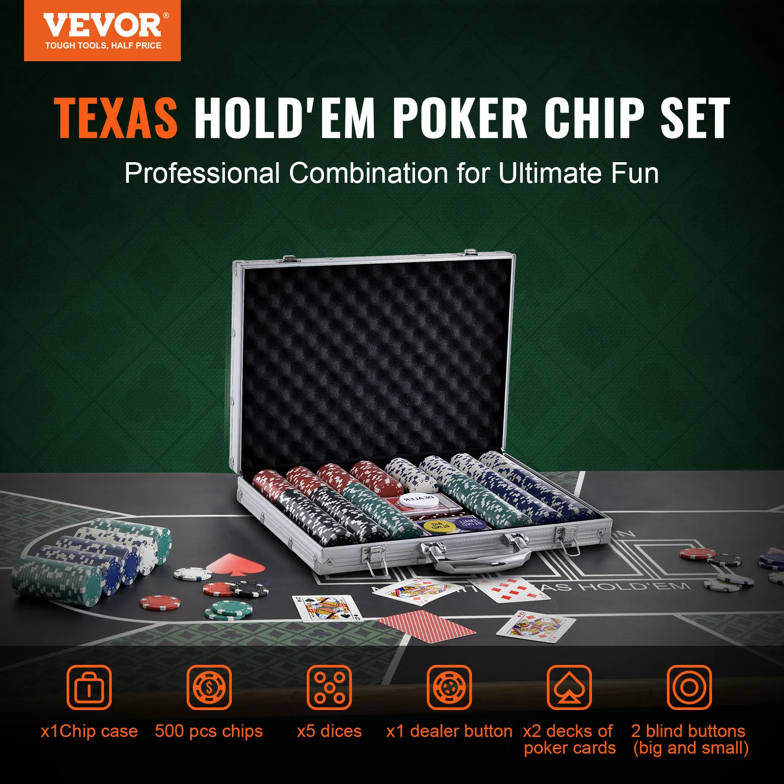 VEVOR Poker Chip Set 500-Piece Poker Set Complete Poker Playing Game Set with Aluminum Carrying  Case 11.5 Gram Casino Chips