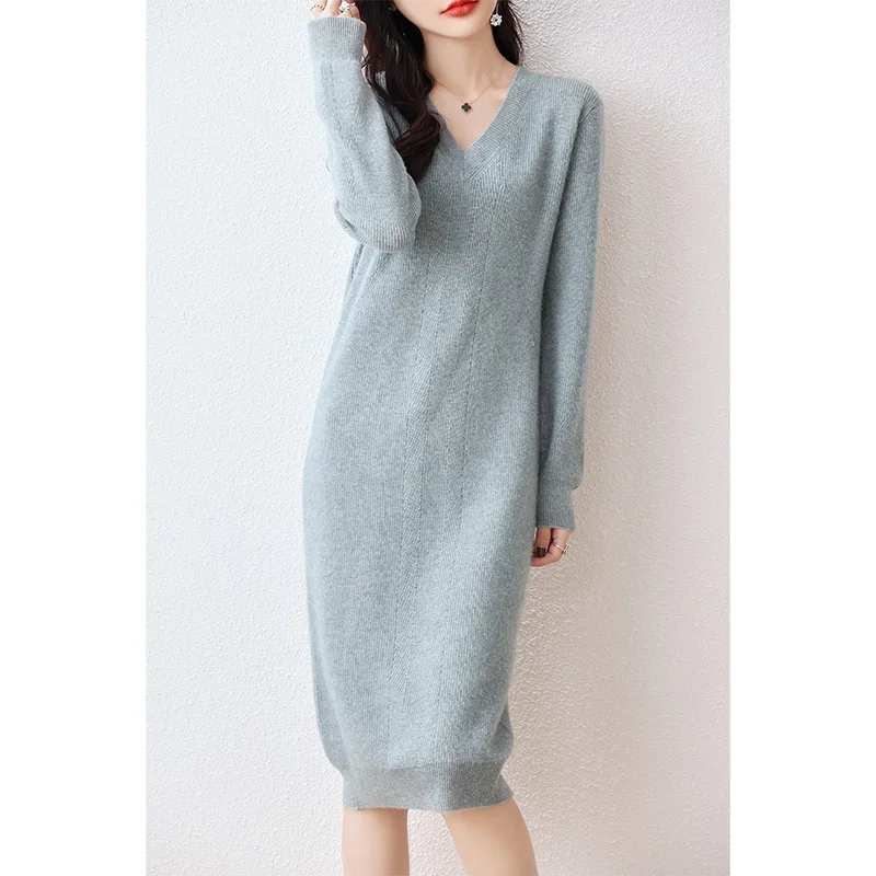 100% pure wool vestido feminino Hot Sale 2023 Winter New Fashion Cashmere Thick Dresses Female V-neck  Wool Clothing DR01