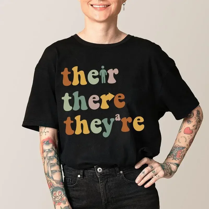 

Their There They’re Teacher Pattern Tops for Womens Grammar Shirt For Teacher, Punctuation Graphic Tees