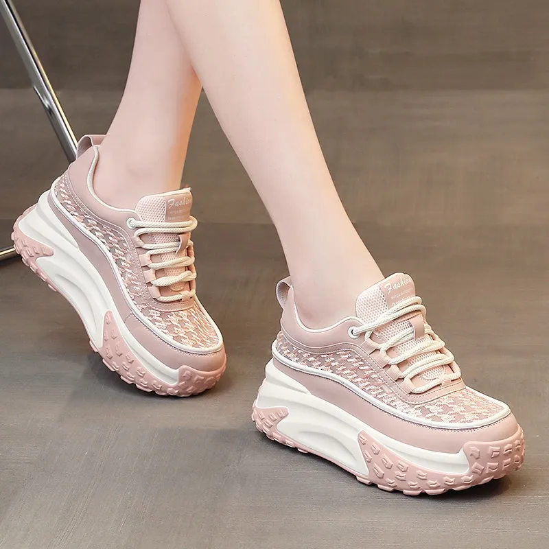 

Spring and autumn sports shoes women wear fashion lace mesh breathable lace-up thick soled small white shoes