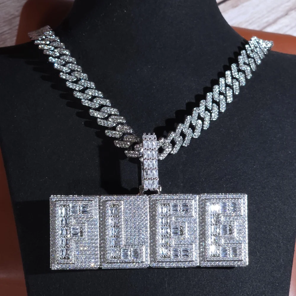 ICE CHARMI مربع مثلج خارج بلينغ مخصص رسالة شخصية لوحة سحر الكوبية سلسلة الهيب هوب الشارع قلادة هدية له لها #2