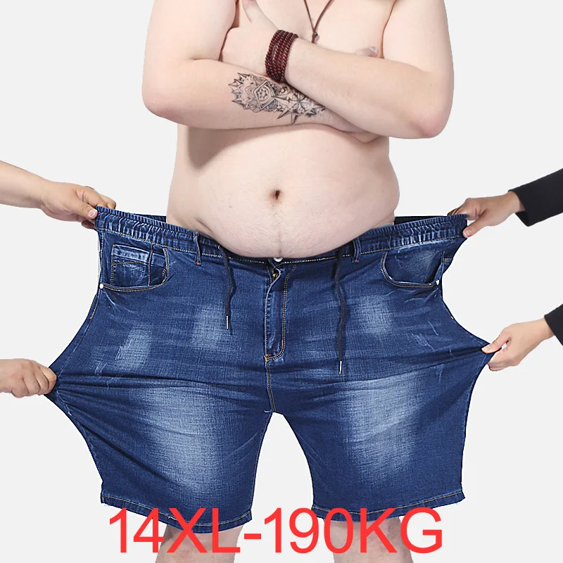 plus size 13XL 14XL 190KG men's denim shorts pants high elasticity waist summer shorts straight jeans high stretch blue large