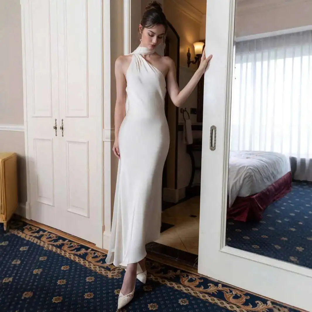 الراقية 2025 النمط الفرنسي نخب فستان مثير عارية الذراعين الساتان الرسن الرقبة ثوب مسائي فستان 2025 فستان صيفي رداء Vestido النساء