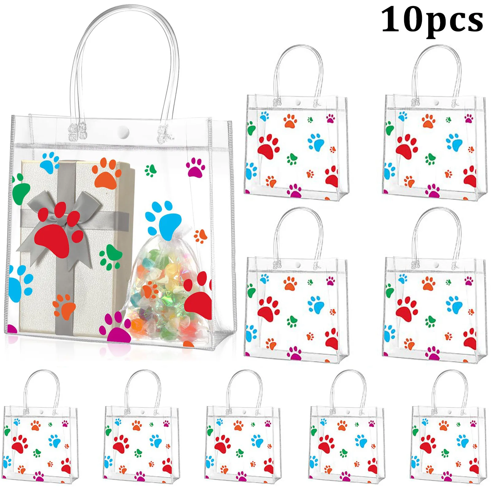 10 Packungen Hundepfoten-Geschenktüten aus transparentem PVC mit Griff, transparente Goodie-Taschen für Welpen, Haustier, Leckerli, Mitbringsel, Geburtstagsfeier, Hochzeit