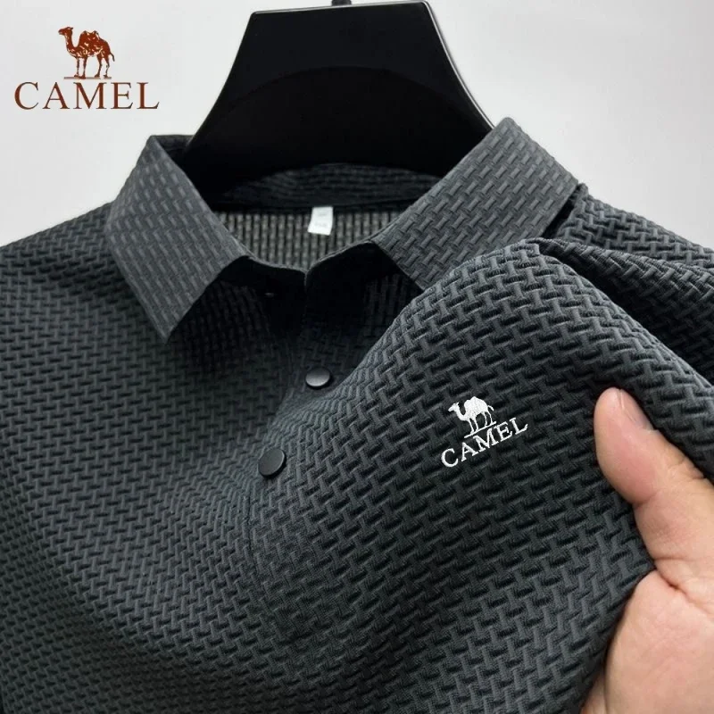 High end bordado camelo camisa polo elástica de seda gelo nova camiseta verão moda respirável negócios manga curta luxo topo