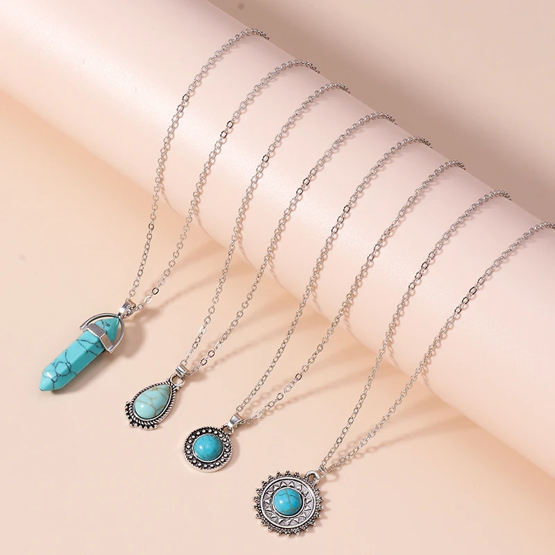 4 teile/satz Bohemia Türkis Stein Sonne Anhänger Halskette für Frauen Mädchen Party Festival Schmuck Geschenke – Detail 3