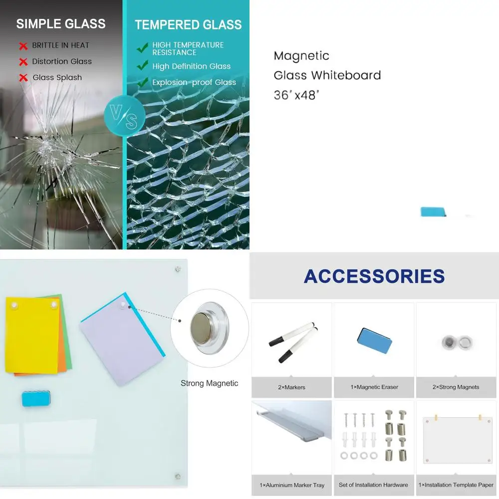 سبورة بيضاء زجاجية مغناطيسية بدون إطار مقاس 48 × 36 بوصة - لوحة مسح جافة مثبتة على الحائط لاجتماعات المكتب والمدرسة