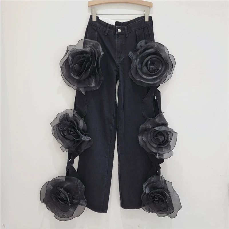 DEAT High Waisted Hollow Out Flower Design Jeans For Women 2024 Summer New Fashionwide Denim Leg Denim Pants Female 11A0127