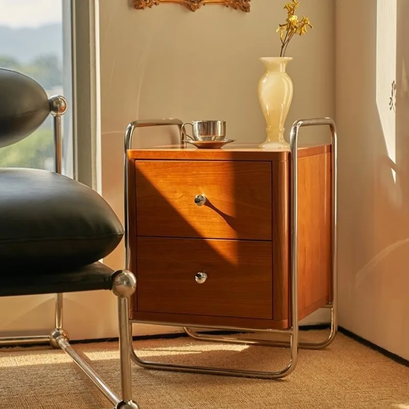

Cherry wood medieval small, bedside table, side cabinet, locker, stainless steel side table, modern Bauhaus