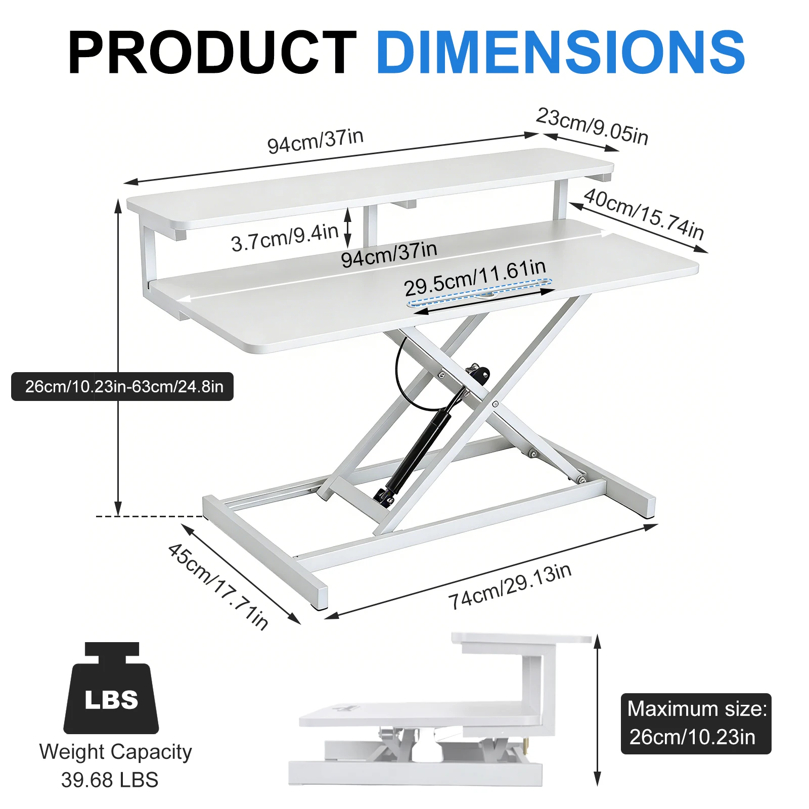 Standing Desk Converter 26-63cm Height Adjustable Sit Stand Desk Riser, Ergonomic Dual Tiered Computer Workstation Load Bearing 18kg with Keyboard Tray, Stable Large Stand Up Desk Converter for Home Office Dual Monitor Laptop Workstation