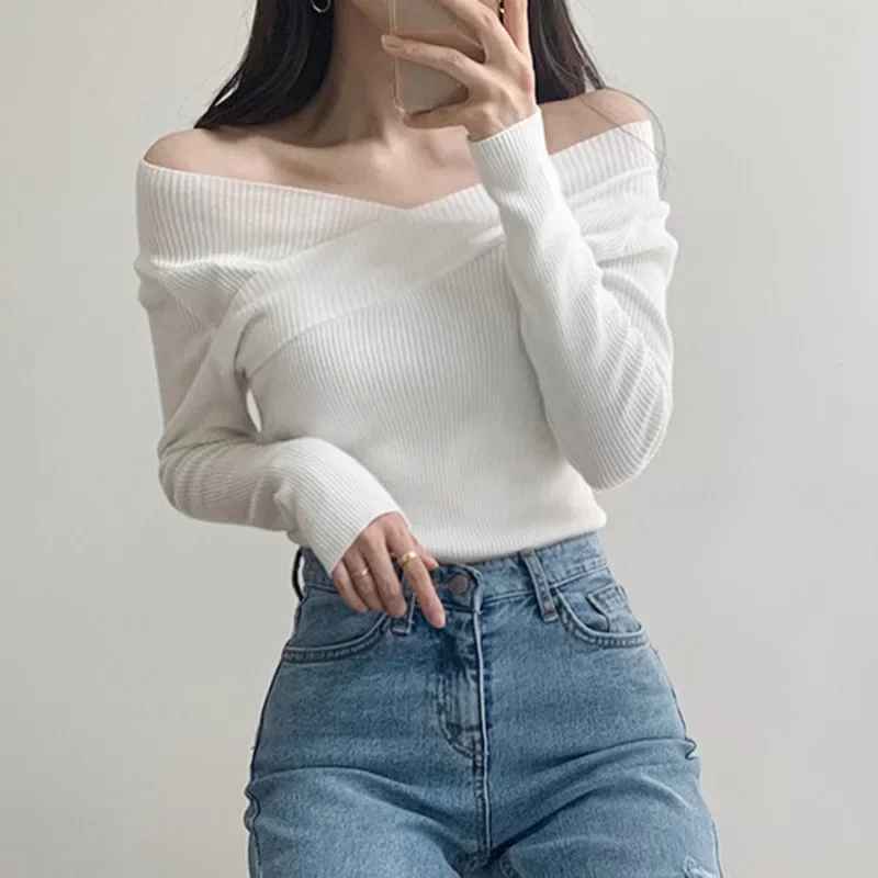 Sweater rajut wanita, baju Sweater wanita rajut pullover musim gugur musim dingin leher V Slim Fit Bottoming Shirt lembut rajut jumper dasar bahu terbuka