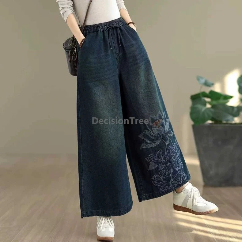 Весенне-осенние ретро этнические брюки с вышивкой лотоса, женские джинсовые широкие брюки в британском стиле, свободные свободные брюки большого размера в китайском стиле