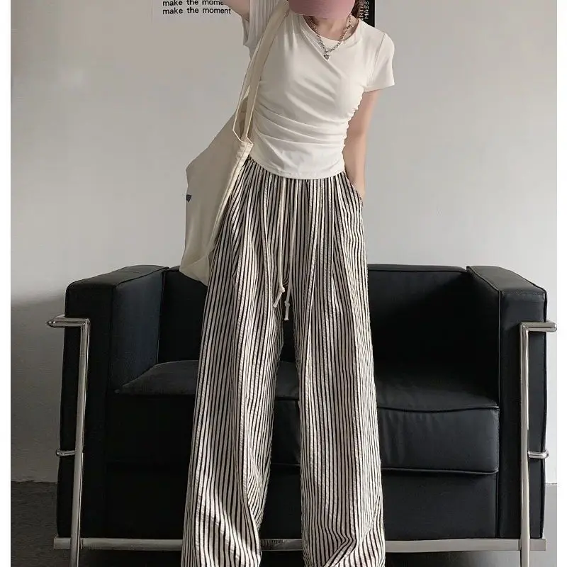 High Waist Wide Leg Pants Thin Summer Casual Trousers for Women Straight Stripe Pattern Loose Fit Korean Style Commute Fashion