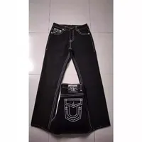 High Street Trendy Jeans White Thick Thread Buddha Religion Straight Casual Pants Men