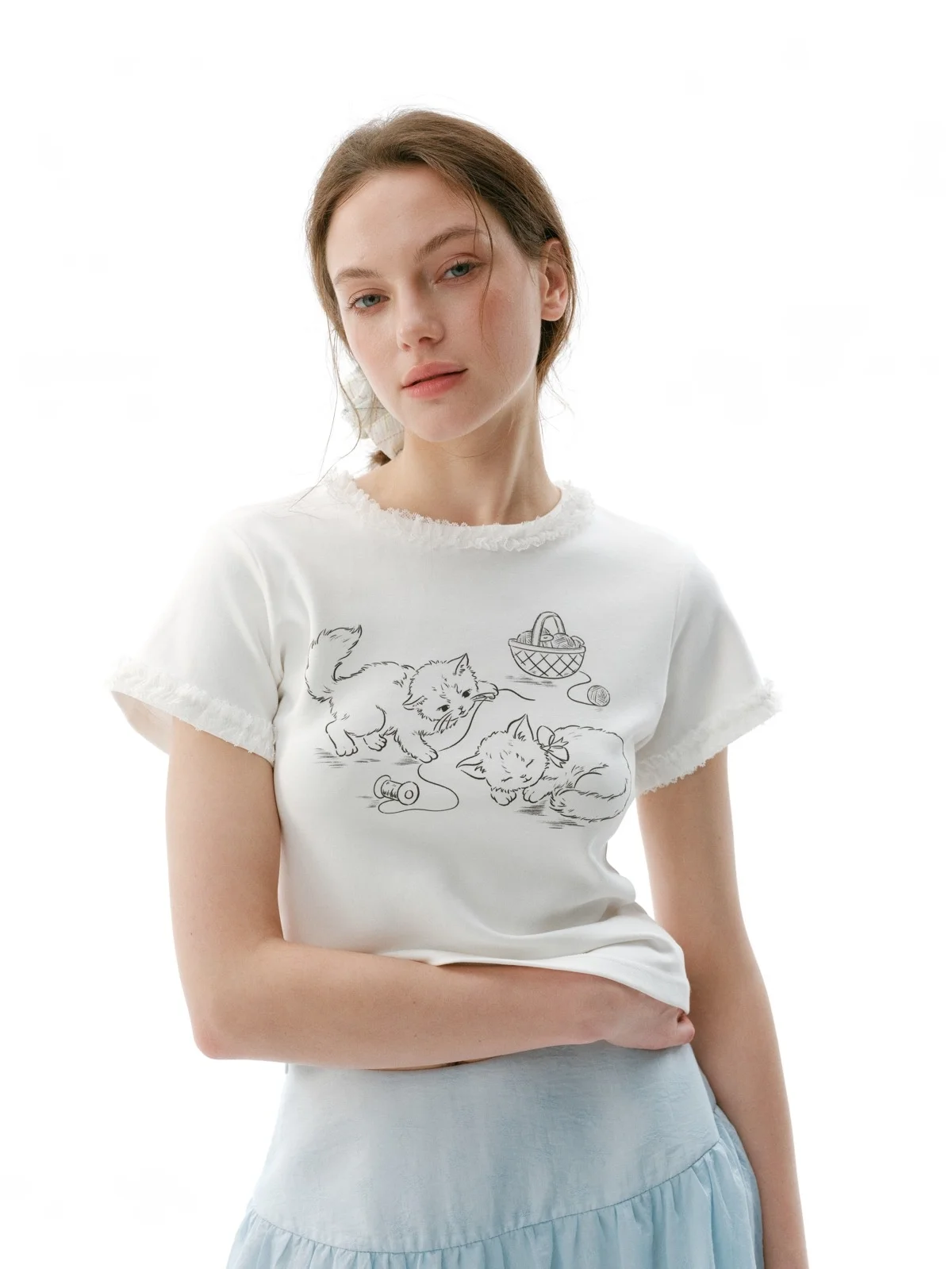 

Летний женский топ NiuNie Rose из смесового хлопка с милым принтом, эластичным кружевом и круглым вырезом, повседневный, влагоотводящий