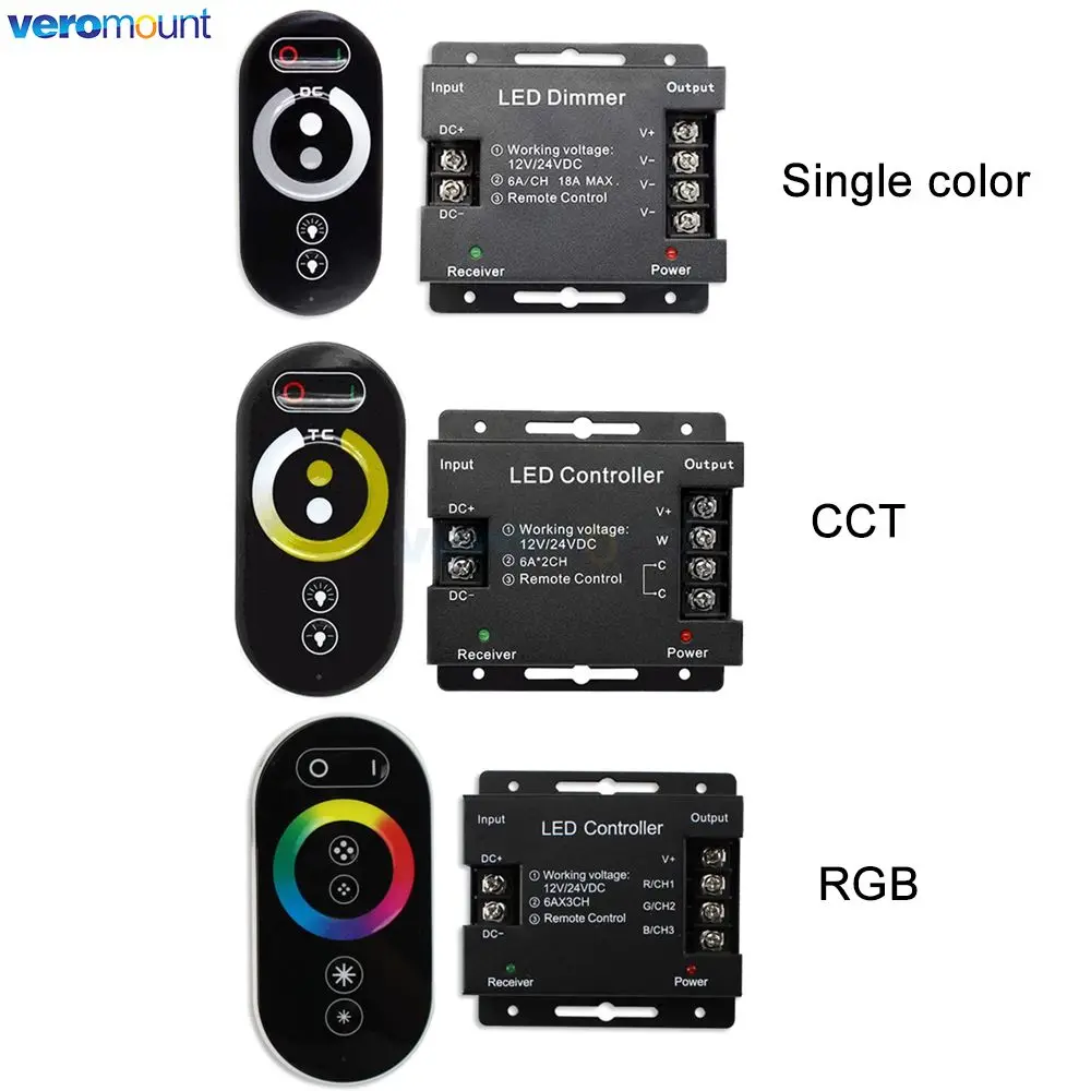 Touch LED RGB CCT Single Color Dimmer Controller RF 433MHz Wireless 18A 216W DC 12V 24V LED Remote Control for LED Strip Lights