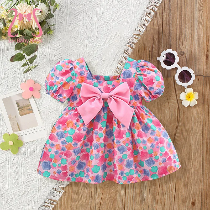 Lovely Infant Shell Puff Sleeve Dress Baby Girls Summer Sweet Big Bow Cotton Clothing Children Costume Toddlers Boutique Outfits