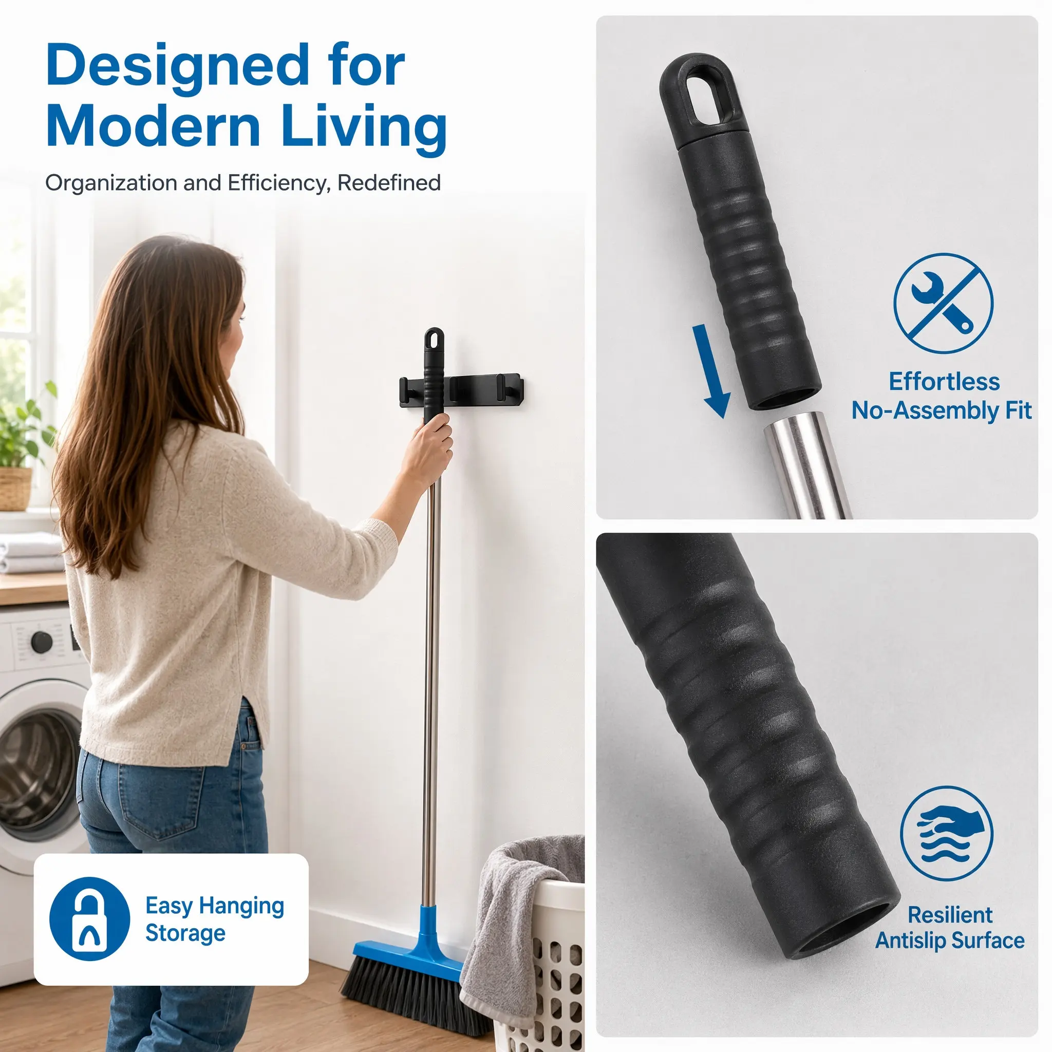 2Pcs Mop Rod End Sleeve Replacement Cap with Non-Slip Grip Hanging Hook Compatible with Broom Dustpan Mop Stick Accessories