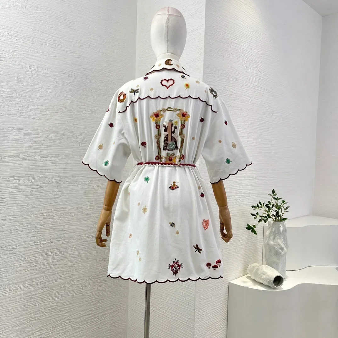 Pure Cotton 2024 New High Quality Embroidery Turn Down Colalr Half Sleeve Lace-up Women Mini Dress