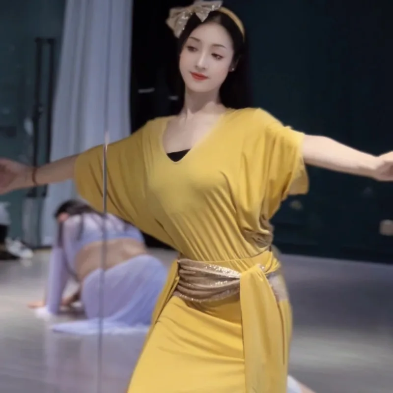 

customized bellydance costumes high-end plus size performance set yellow green class uniform robe indian clothes women dancewear