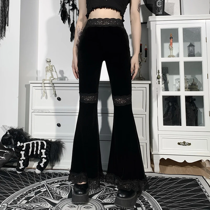 Women's Flared Pants New Black Lace High Waist Trousers Gothic Halloween Costume