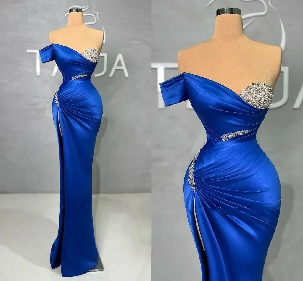 

Romantic Royal Blue Satin Mermaid Backless One-Shoulder Formal Evening Dress With Frilly Split Ladies Porm Party Formal Gown