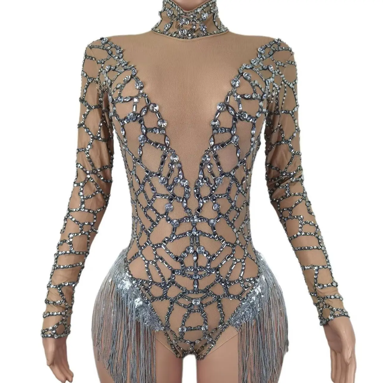 

Sexy Nightclub Show Fringe Tights Acrobatic Performance Pole Dance Tassel Bodysuit Crystal Leotard Bar Rave Stage Wear Guilie