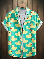 Men's Shirt Top, Rubber Duck Print, Camp Collar Bowling Shirts Short Sleeve Closure Summer Hawaiian Shirt Male Casual Button Up