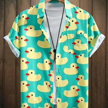 남성용 고무 오리 프린트 셔츠, 캠핑 칼라 볼링 셔츠, 반팔 클로저, 여름 하와이 셔츠, 캐주얼 단추 업