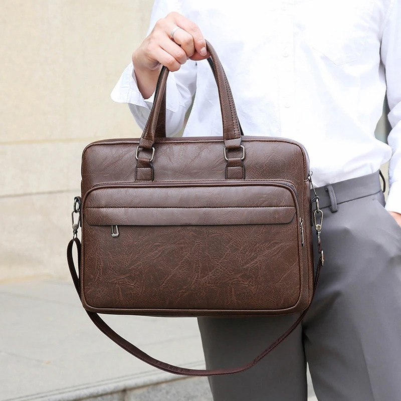 PU Leather Briefcase For Men Handbag Laptop Folder Shoulder Office Business Vintage Messenger Crossbody Portfolio Designer Bag