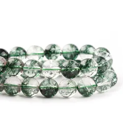 Natural Stone Loose Round Green Crystal Crackle Phantom Ghost Quartz Gemstone Gem Beads for DIY Jewelry Bracelet Necklace Making