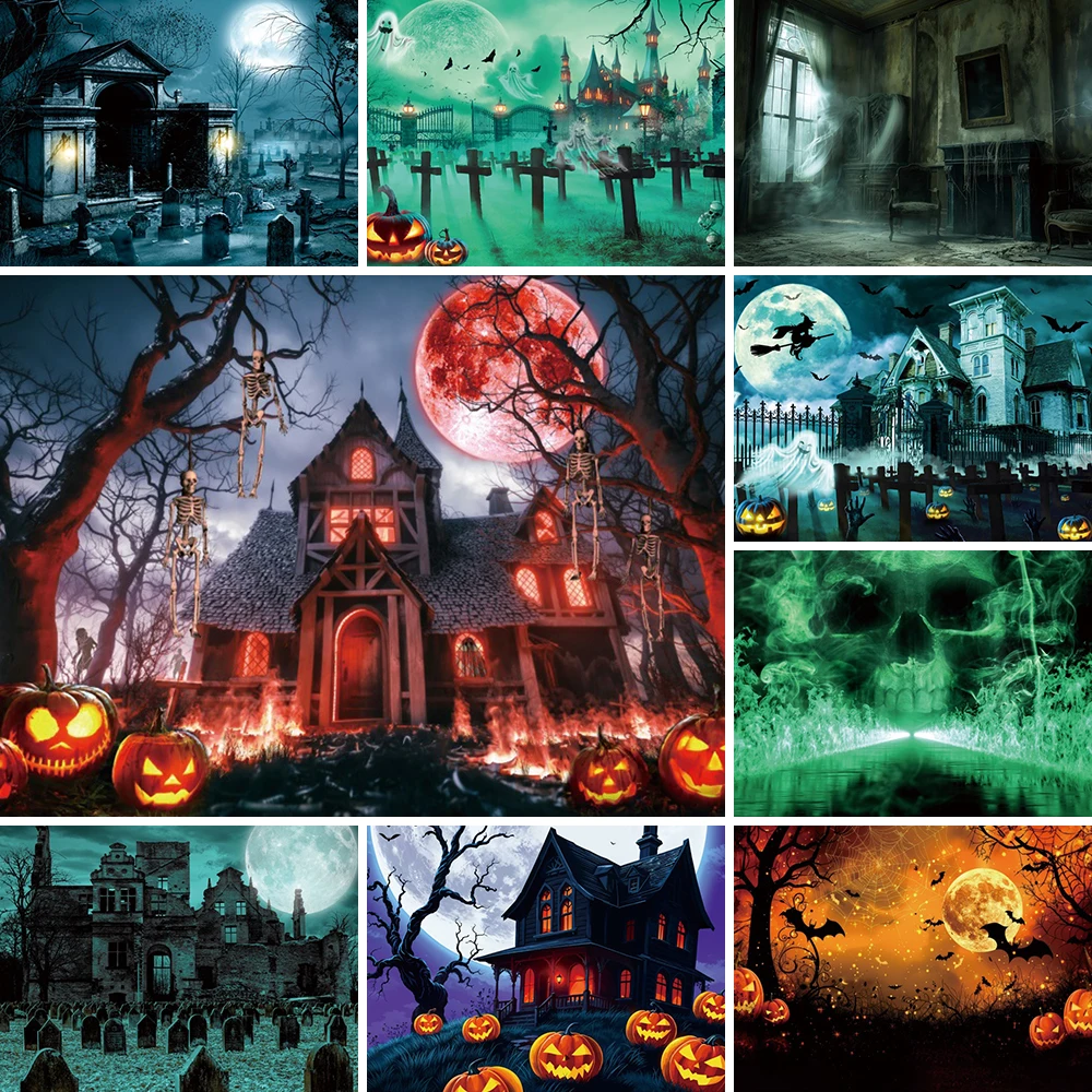 

Halloween Spooky House Photography Backdrop Pumpkin Jack O'Lantern Night Castle Halloween Party Floating Spooky Bat Background